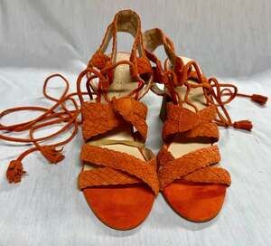 Very Volatile Women's Orange Braided Leather Lace-Up Block Heel Sandals